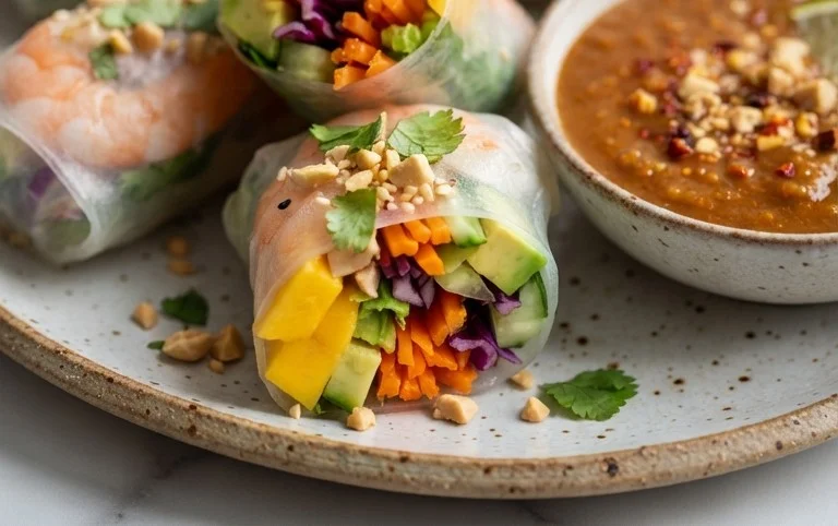 Rainbow Spring Rolls with Gin Extractger Peanut Sauce