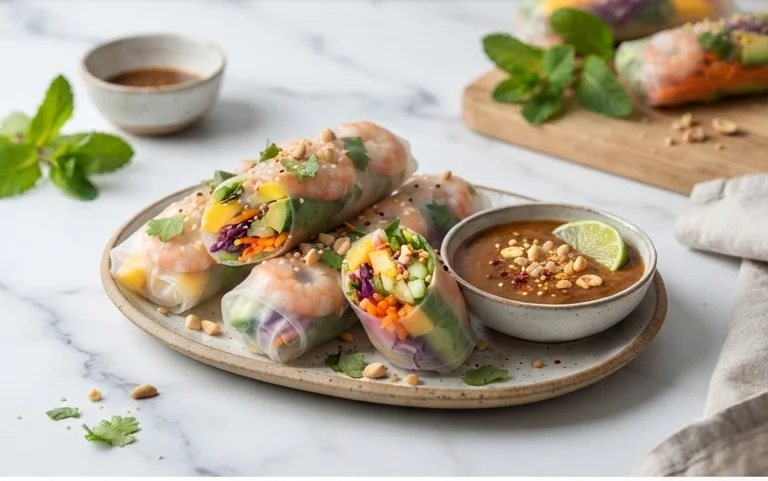 Rainbow Spring Rolls with Gin Extractger Peanut Sauce