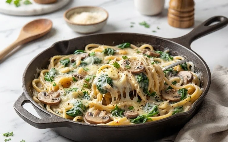 One-Pot Garlic Parmesan Pasta with Spinach and Mushrooms