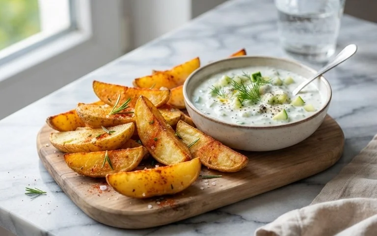 Kartoffelspalten mit Gurkendip