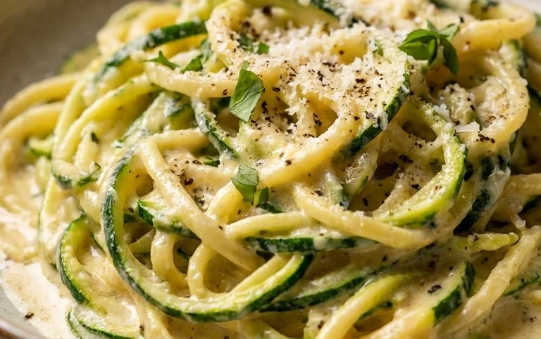 Zucchini-Spaghetti in cremiger Sauce– Zoodles