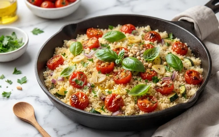 Healthy One-Pan Couscous With Garlic, Tomatoes And Basil