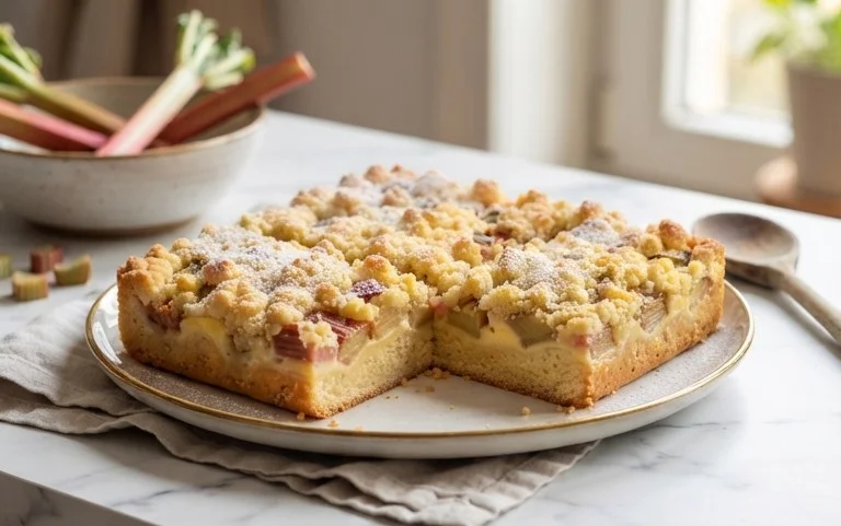 Rhabarberkuchen mit Pudding und Streuseln – wie von Oma