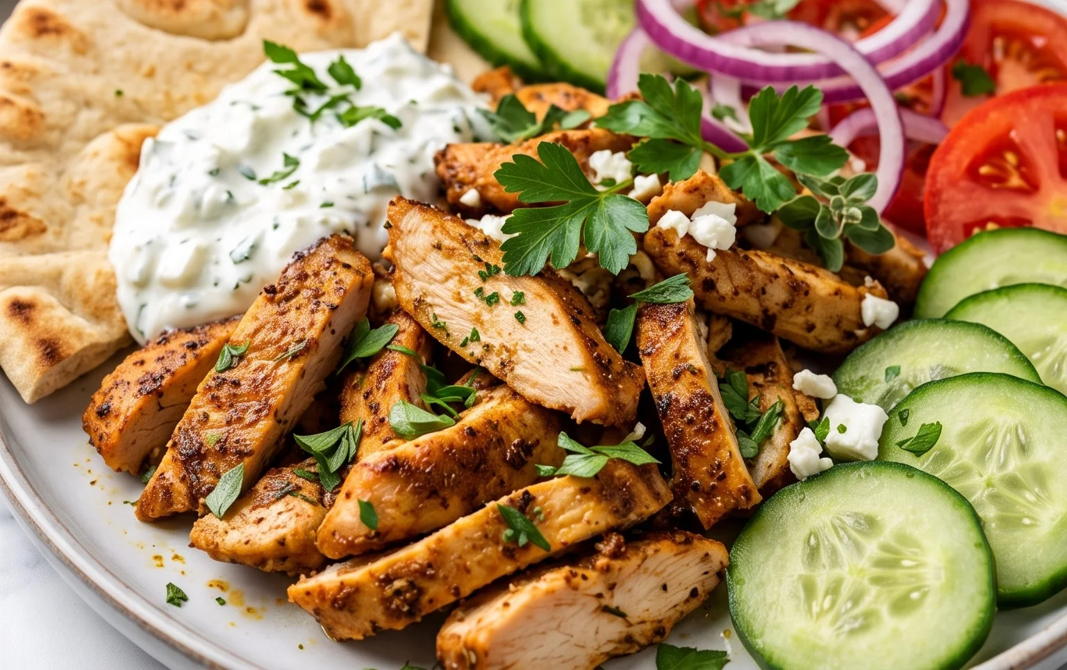 Mediterranes Hähnchen-Gyros mit Feta-Tzatziki genießen!