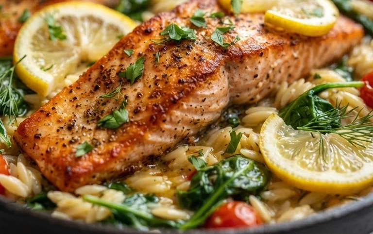 One Skillet Salmon with Lemon Orzo