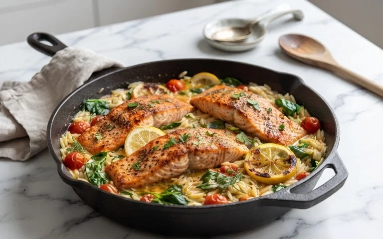 One Skillet Salmon with Lemon Orzo