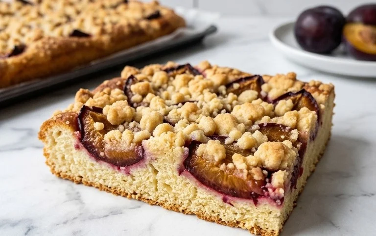 Rezept für Streusel-Pflaumenkuchen vom Blech mit Hefeteig