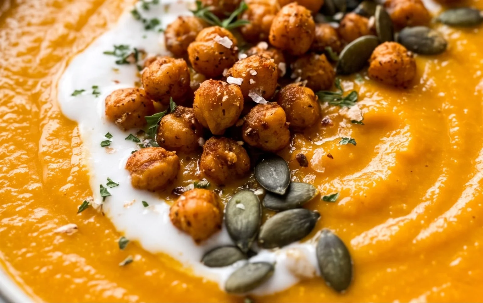 Vegane Kürbis Suppe mit knusprigen Kichererbsen