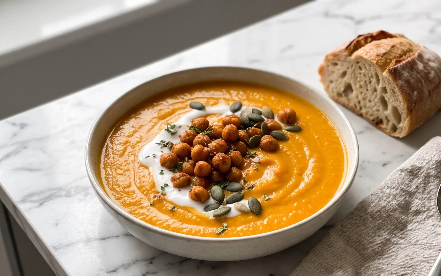 Vegane Kürbissuppe mit knusprigen Kichererbsen